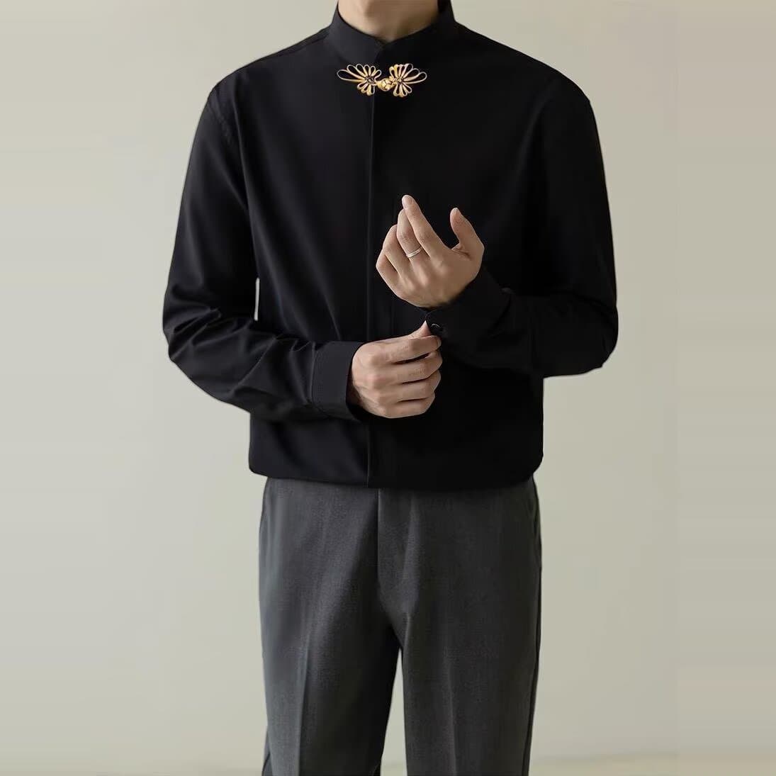 New Chinese style light mature style shirt for men, groom, wedding registration, formal engagement wear, black stand-up collar long-sleeved shirt
