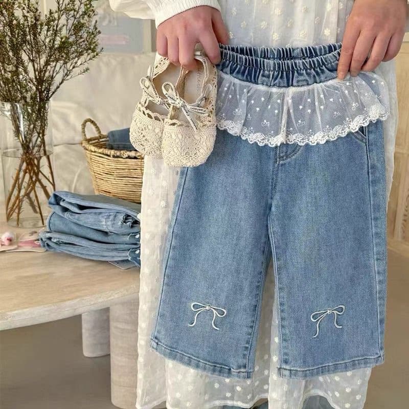 Spring and Autumn Girls' Denim Jeans, Fashionable Kids' Trendy Bowknot Lace Mesh Wide-Leg Pants