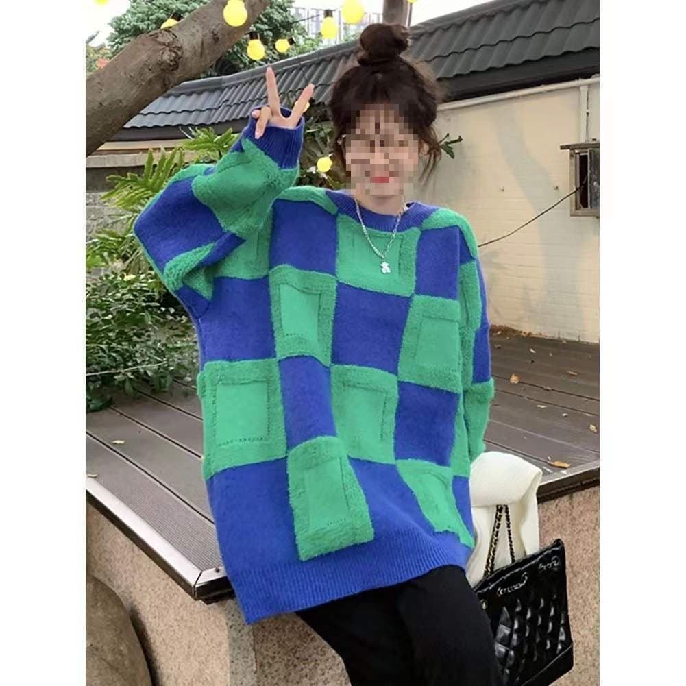Lazy Style Checkerboard Sweater New Winter Style Retro Thick Pullover Outerwear Long Sleeve Warm Knitted Top for Women