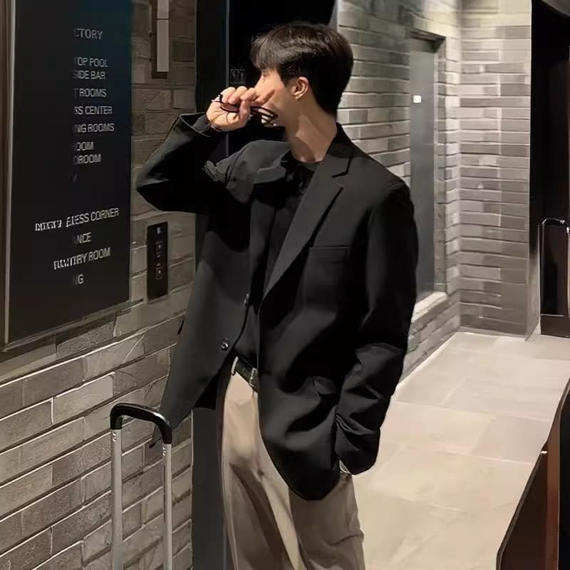 Men's Casual Black Suit Jacket Korean Style East Gate Trendy Loose Fit Autumn Spring Fashionable Polyester Long Sleeve Shirt