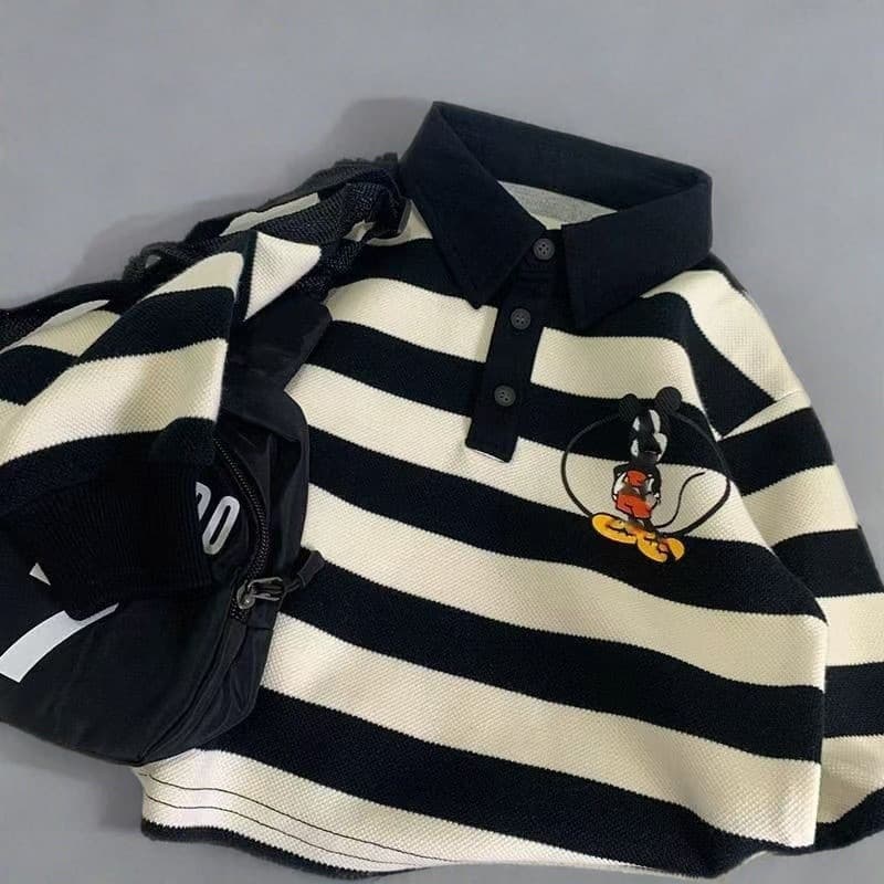 Striped Polo Shirt for Boys and Girls, Spring 2025 New Arrival, Versatile Children's Clothing, Cartoon Print, Trendy Tops for Toddlers