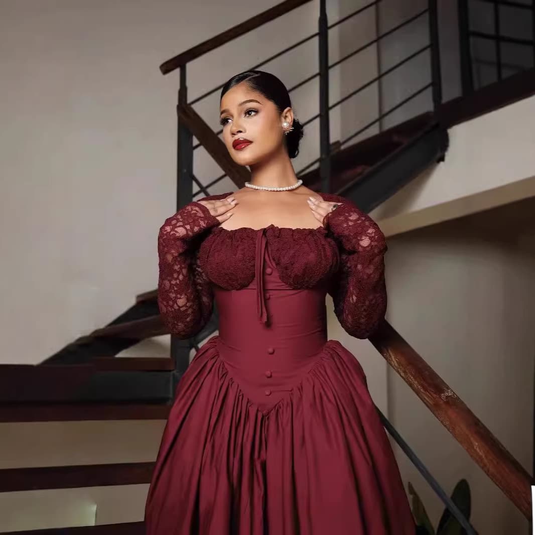 New Spring Women's Square Neck Lace Long Sleeve Puffy Midi Dress with Waist Cinching Solid Color for Cross-Border E-commerce