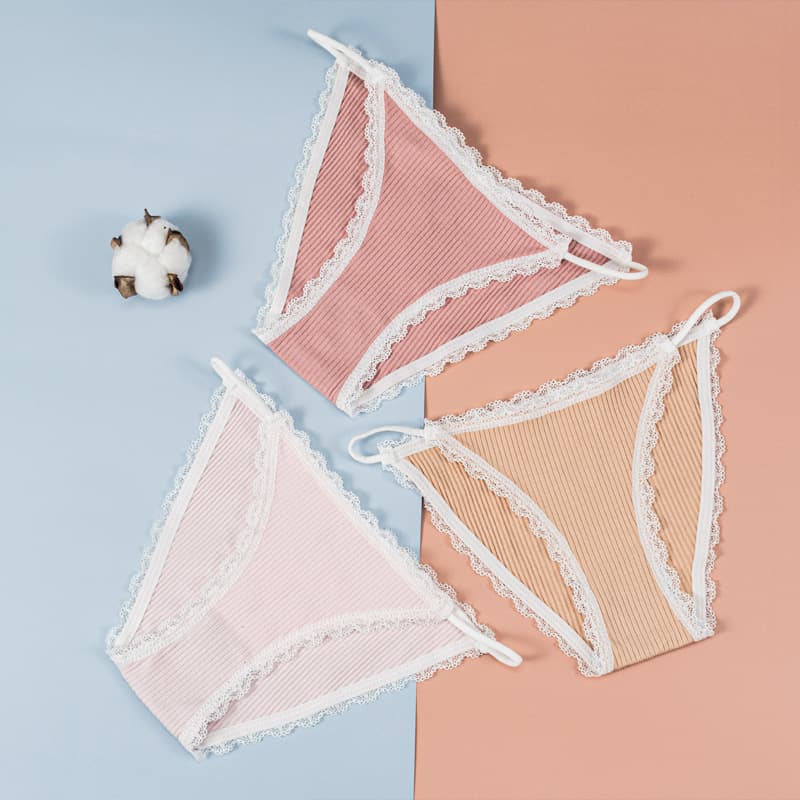 Cross-border Pure Cotton Ribbed Sexy Women's Underwear Lace Thin Strap Export Multi-Color Seamless Cotton Gusset Triangle Panties Plus Size