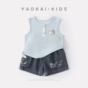 New Summer Korean Style 3D Cartoon Puppy Knit Vest for Infants and Toddlers, Casual Denim Shorts Two-Piece Set for Boys