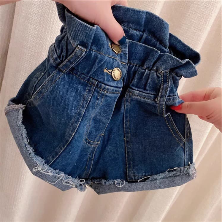 Children's denim shorts 2025 spring and summer new style girls' fashionable and versatile high-waisted wide-leg bud jeans hot pants trendy