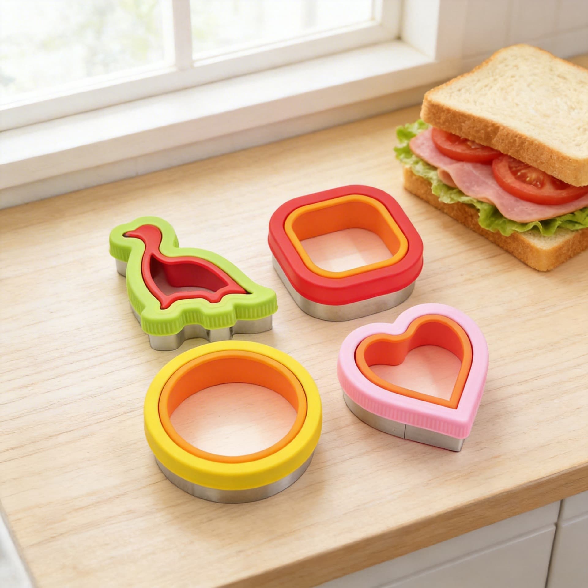 Sandwich Cutting Mold Set - Square, Round, Heart-Shaped, and Dinosaur Sandwich Bread Cutters, Toast Cutting Mold, Biscuit Mold