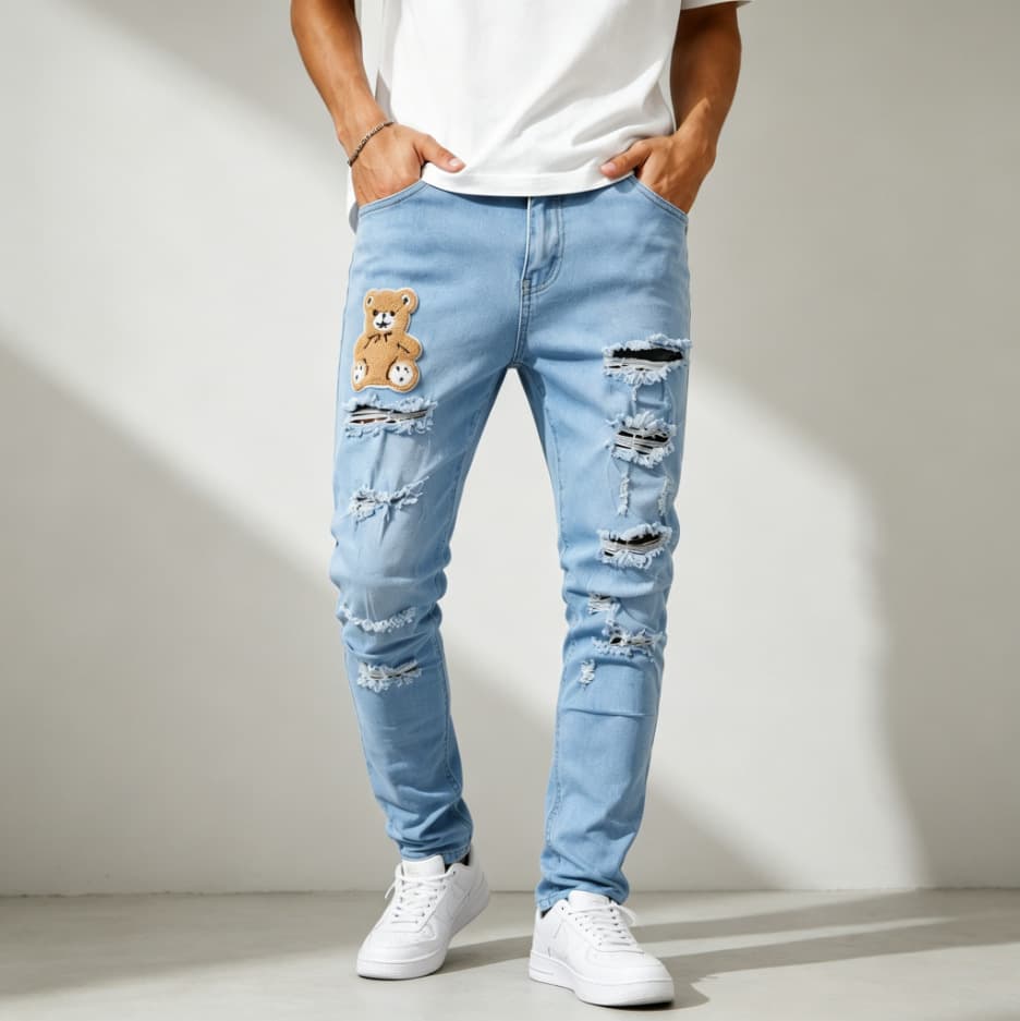 Cross-Border Foreign Trade Ripped Slim Stretch Jeans for Men, Trendy European and American Fashion Street Style Blue