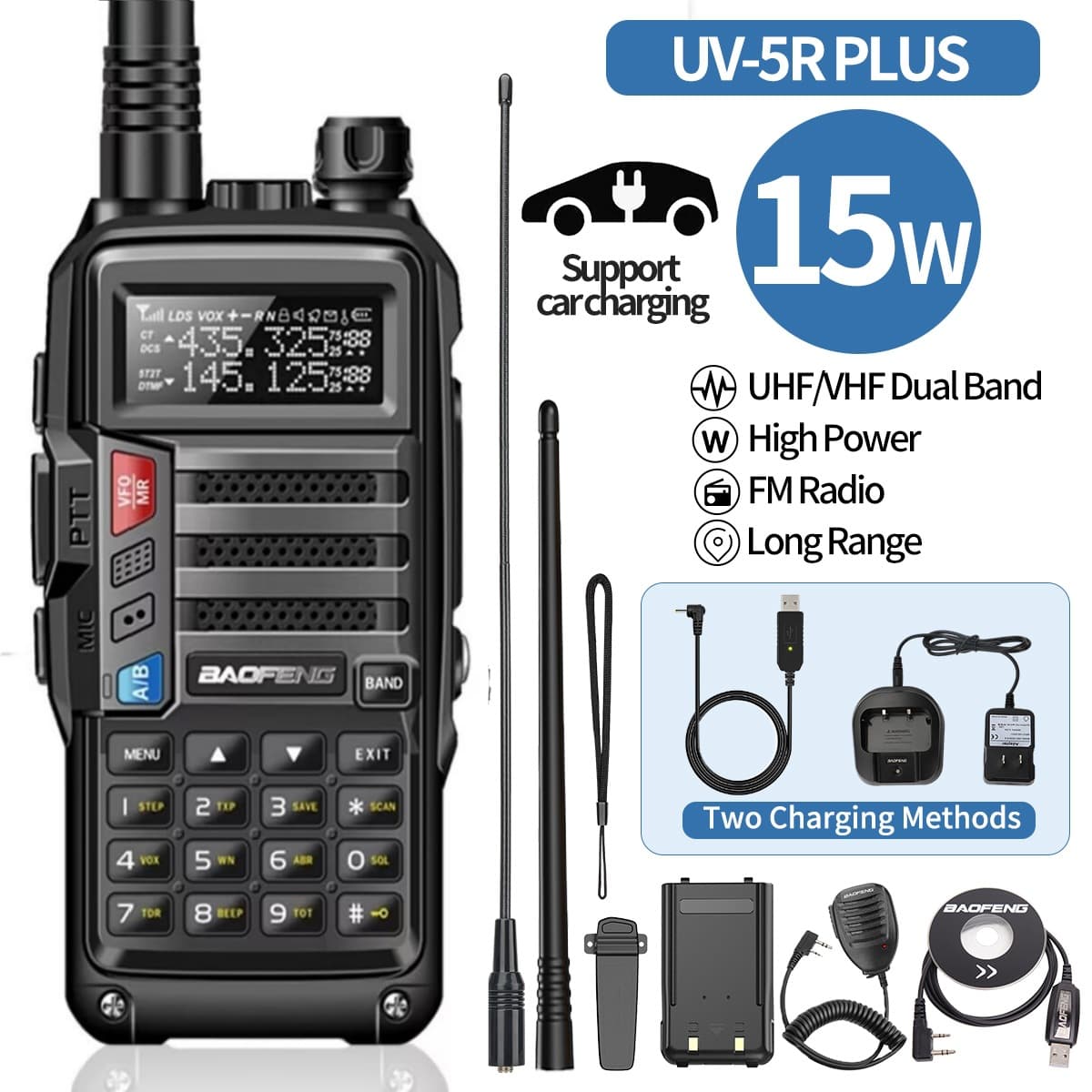 Baofeng UV-5R + 15W USB Charger Remote Transmitter UHF VHF Walkie Talkie Wireless Communications For Business And Leisure