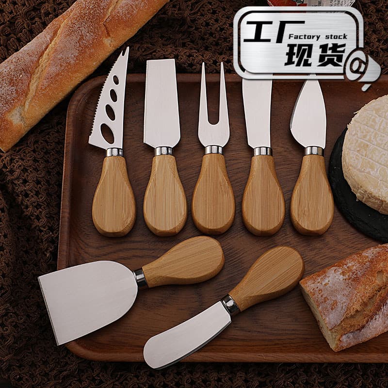 Cross-border In-Stock Stainless Steel Cheese Knife 4-Piece Gift Box Set Cheese Knife Set Cheese Spatula Bamboo Handle Cheese Knife