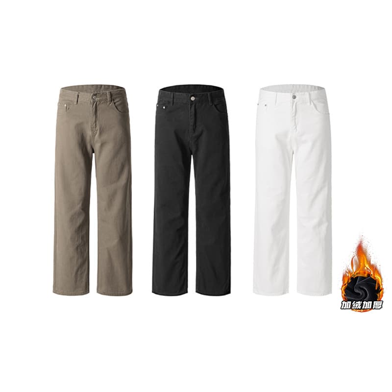 Cleanfit Washed Cotton Wide-Leg Jeans for Men, Fleece-Lined Thickened, Stylish and Rugged High-End American Casual Trousers