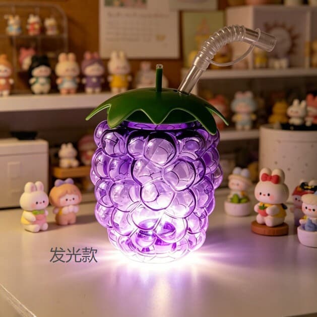 Cross-border luminous grape-shaped straw cup creative fruit cup children's Internet celebrity milk tea cup with light cute cartoon cup