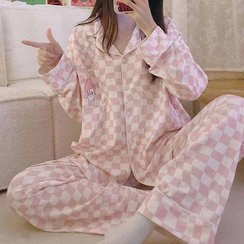 Wholesale Factory Export Pajamas Women Spring Autumn Long Sleeve Korean Cardigan Lapel Grid Homewear Women Set