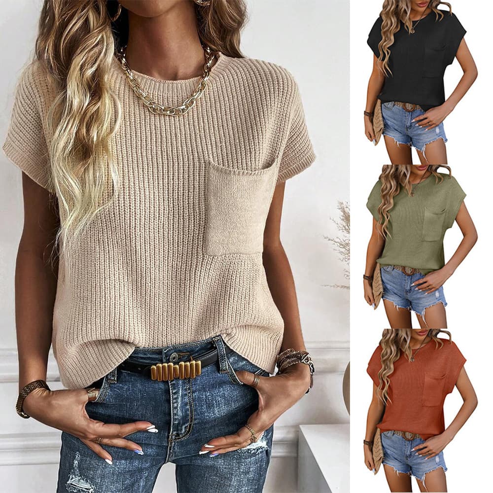 2024 New Cross-Border European and American Women's Fashion Amazon Hot Selling Women's Round Neck Pocket Decorated Top Short Sleeve Sweater