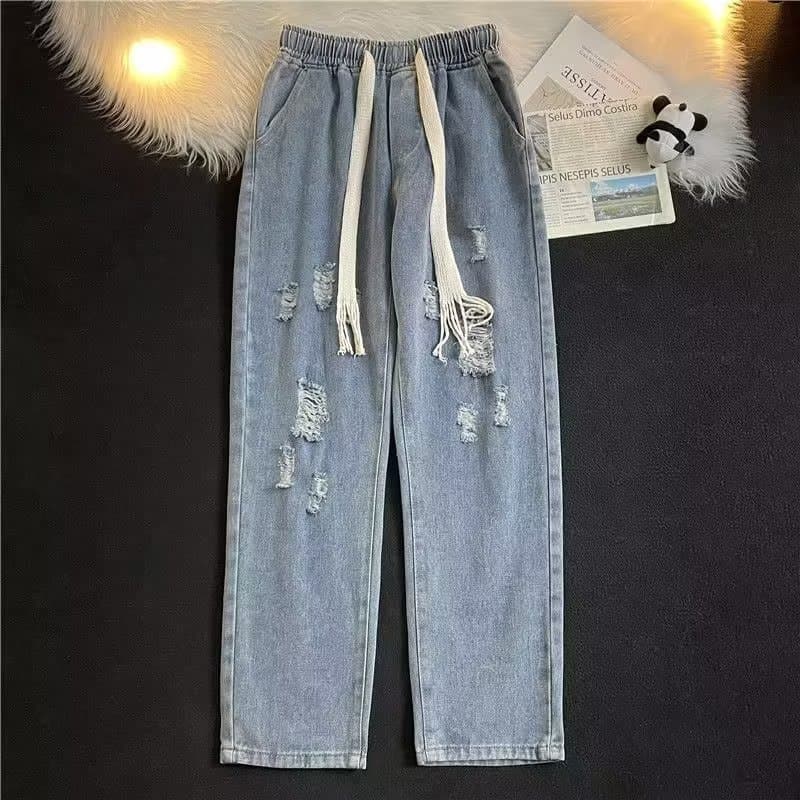 Men's Trendy Jeans Ins Harajuku Style Korean Loose Straight Beggar Pants Spring Ripped Long Pants