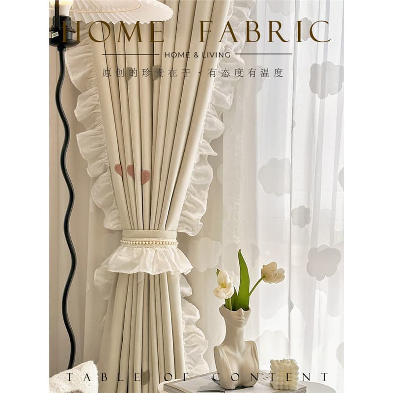 Love embroidery cartoon children's room cute daughter princess room ruffle curtains cream embossed cloud gauze curtain
