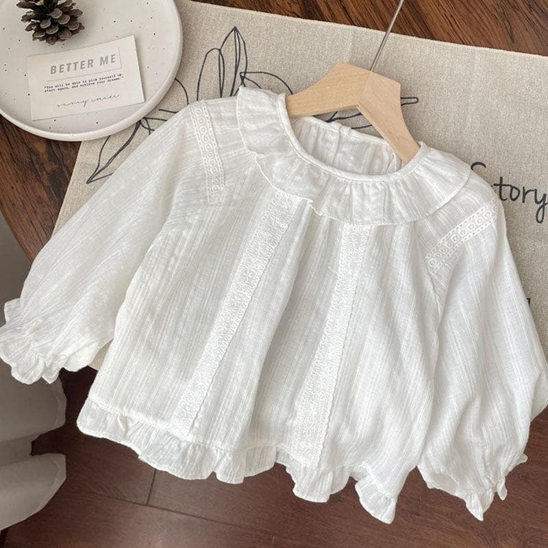 Spring/Autumn New Arrival Thin Korean-Style Baby Doll Blouse Slightly Chubby Fit Girls White Vertical Stripe Ruffled Collar Shirt