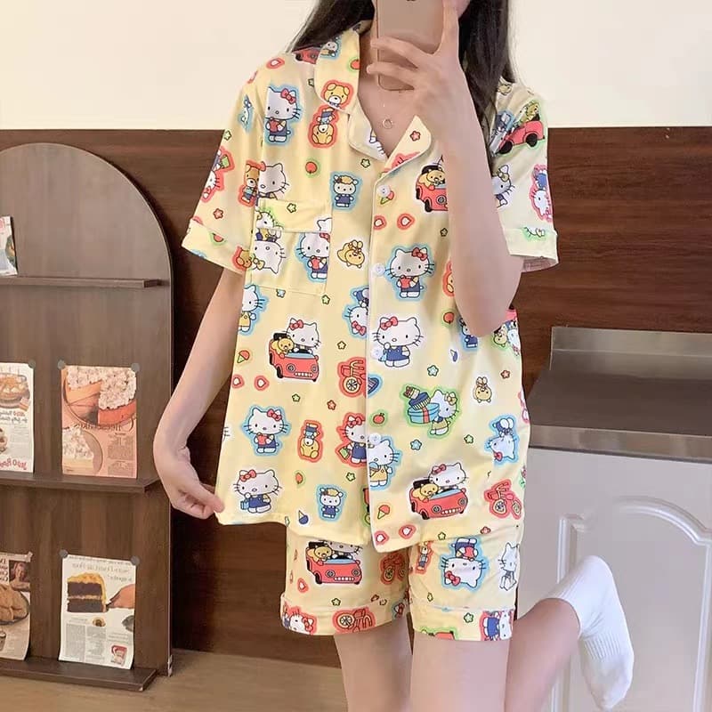 Summer Pure Cotton Cardigan Pajamas for Women Thin Short-Sleeved Shorts Kitty Cat Cute Student Home Clothes Suit Outer Wear