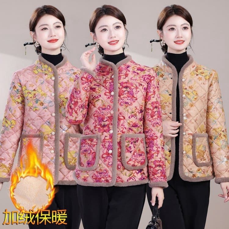 Mom 2025 New Casual Chinese Style Fleece-Lined Cotton Jacket Thickened Cotton Coat Outerwear Middle-Age & Elderly Autumn/Winter Warm Floral Cotton Coat