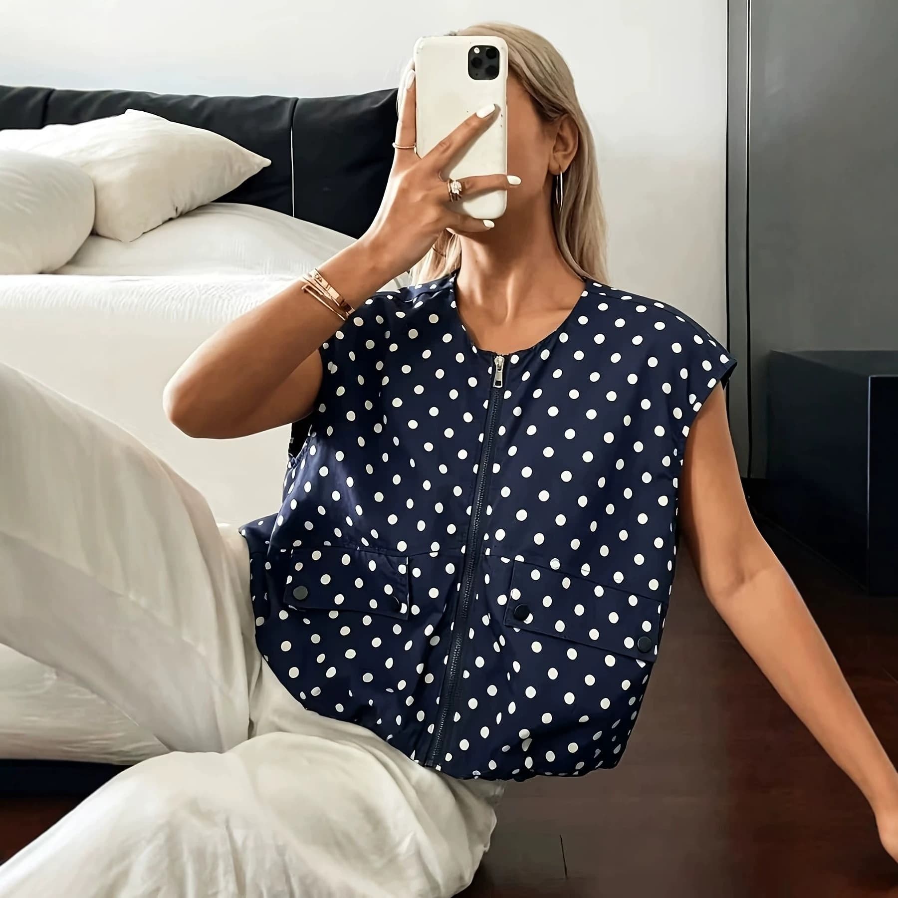 Vintage Navy Blue Polka Dot Style Loose Fit Top Sleeveless Jacket French Polka Dot Sleeveless Women's Vest