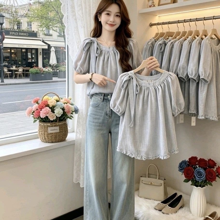 French Chiffon Short Sleeve Blouse for Women 2026 Summer New Plus Size Curvy with Hemline Doll Style Top