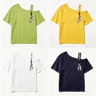 Slant Neck Off-Shoulder Short Sleeve T-Shirt Base Top Women's Summer 2026 Plus Size Fat Girl Slimming Designer Scarf Tie Top