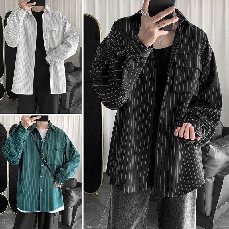 Striped Shirt for Men, Korean Loose Fit, Trendy and Versatile, Black Premium Style Shirt, Ins Hong Kong Style Streetwear Jacket, Cool and Edgy