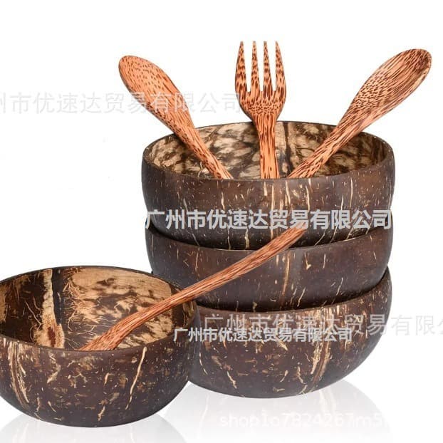 Environmentally friendly tableware wooden natural coconut shell bowl Southeast Asian coconut shell bowl wooden spoon Hainan old coconut shell fruit salad