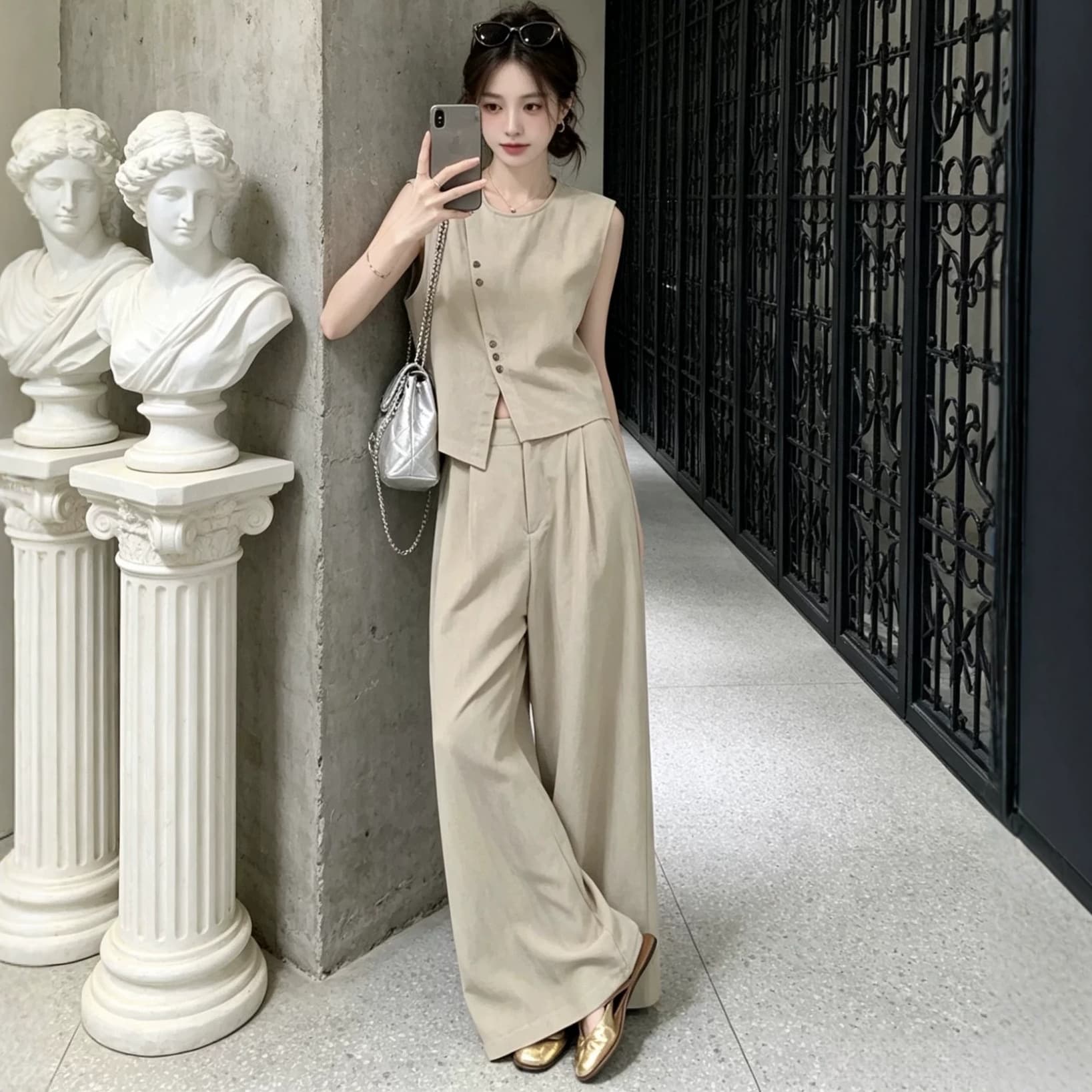 Old Money Style Cotton Linen Pants Set for Women Summer 2026 New High-End Sleeveless Vest Wide Leg Long Pants Two-Piece Set