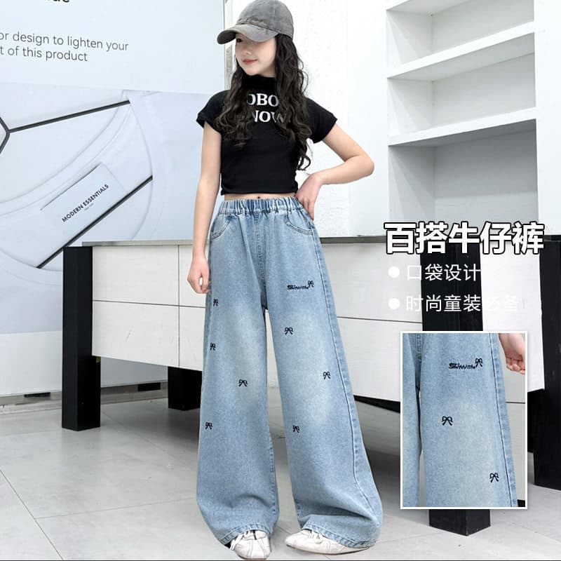 Teen Girls Students Junior High Wide-Leg Jeans Spring Autumn Bow Slimming Straight Pants Loose New
