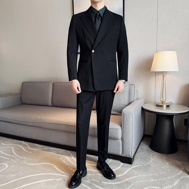 Korean-style quality wool blend suit with half-canvas construction, diagonal single-button closure, host suit two-piece set