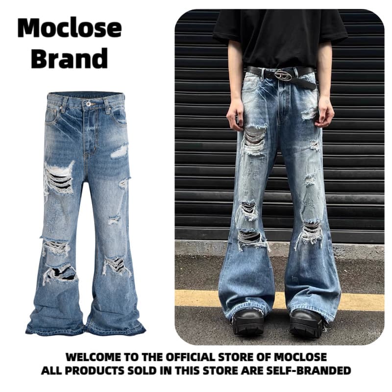 Moclose American fashion trendy vintage washed cat whisker ripped jeans for men and women with micro-flared wide-leg floor-length jeans