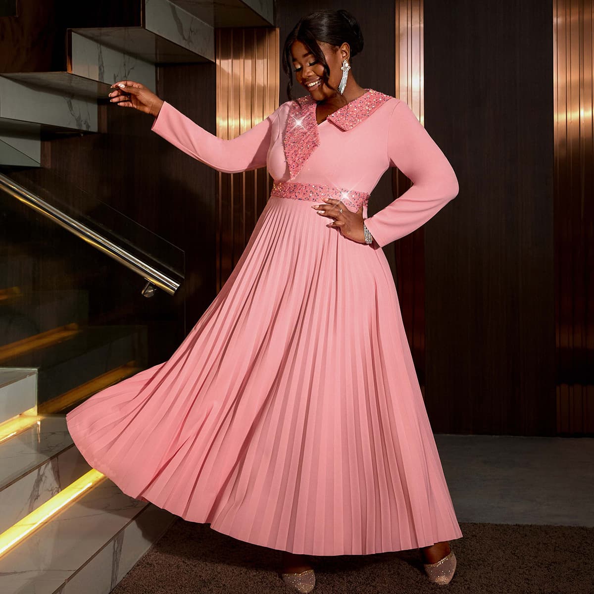 AM040933 New Pink Sequin V-Neck Pleated Dress Cross-Border Party Dress Evening Dresses