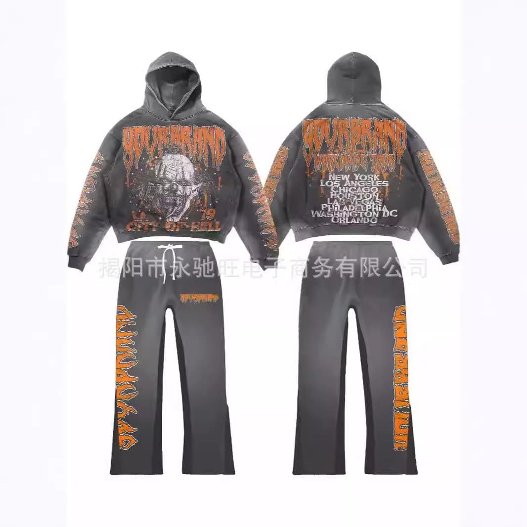 2024 Manufacturer High Quality Straight Leg Pocket Hoodie American Style Men's Printed Oversized Streetwear Cotton Hoodie and Sweatpants Set