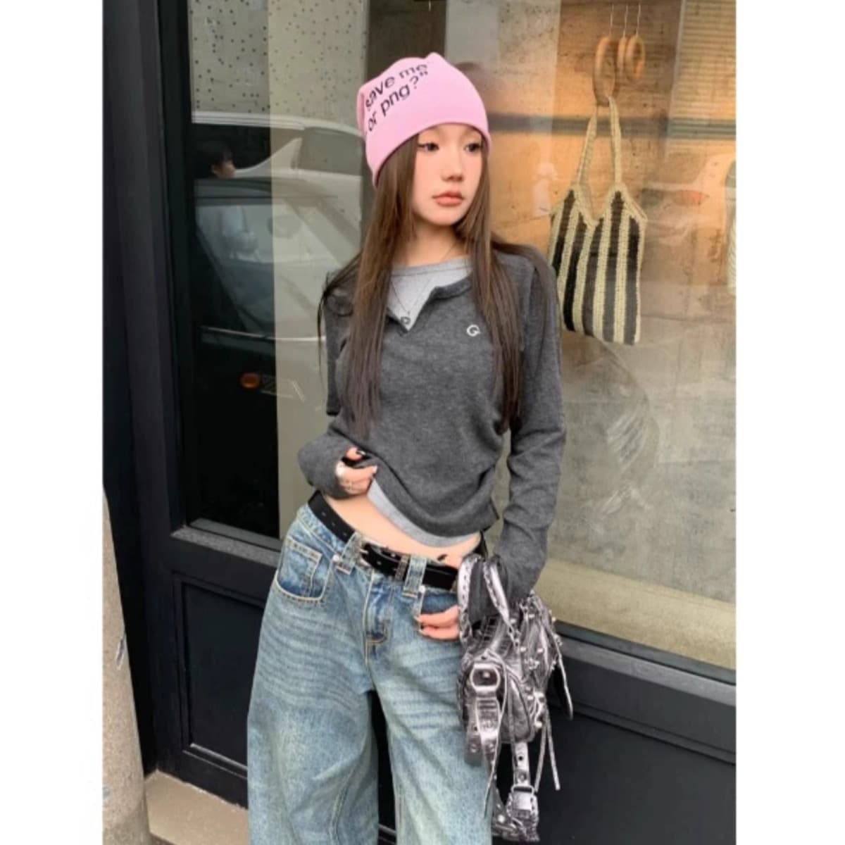 Slim Fit Long Sleeve T-Shirt Fake Two-Piece Base Layer Shirt American Retro Style Women's Autumn Winter Inner Wear Top