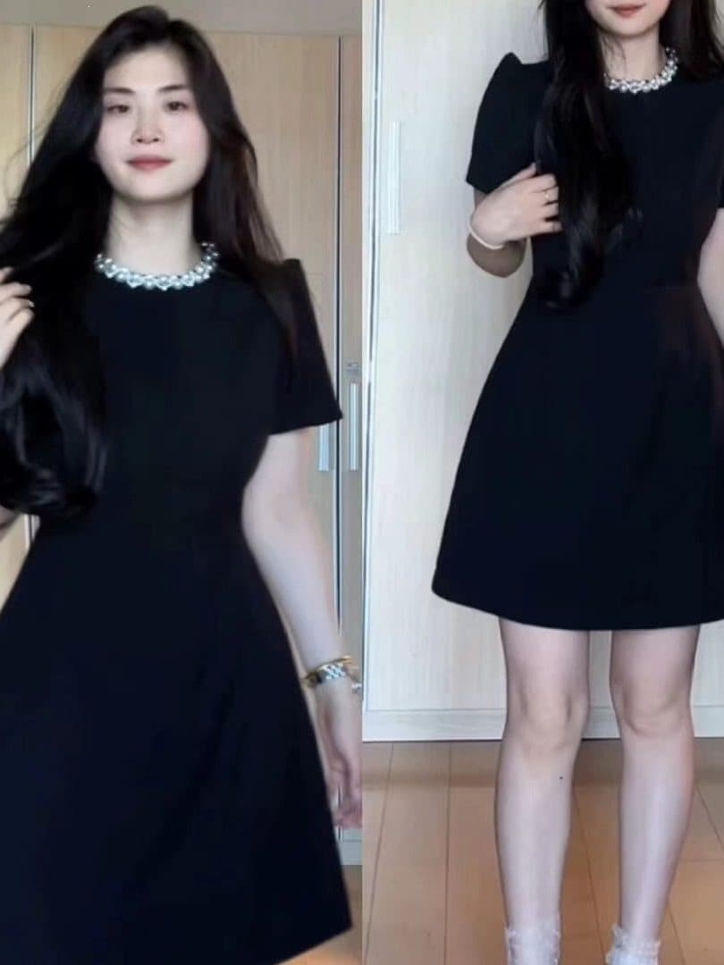 Plus Size French Hepburn Style Black Short Sleeve Dress for Women Summer, Curvy Fit, Waist-Cinching, Slimming