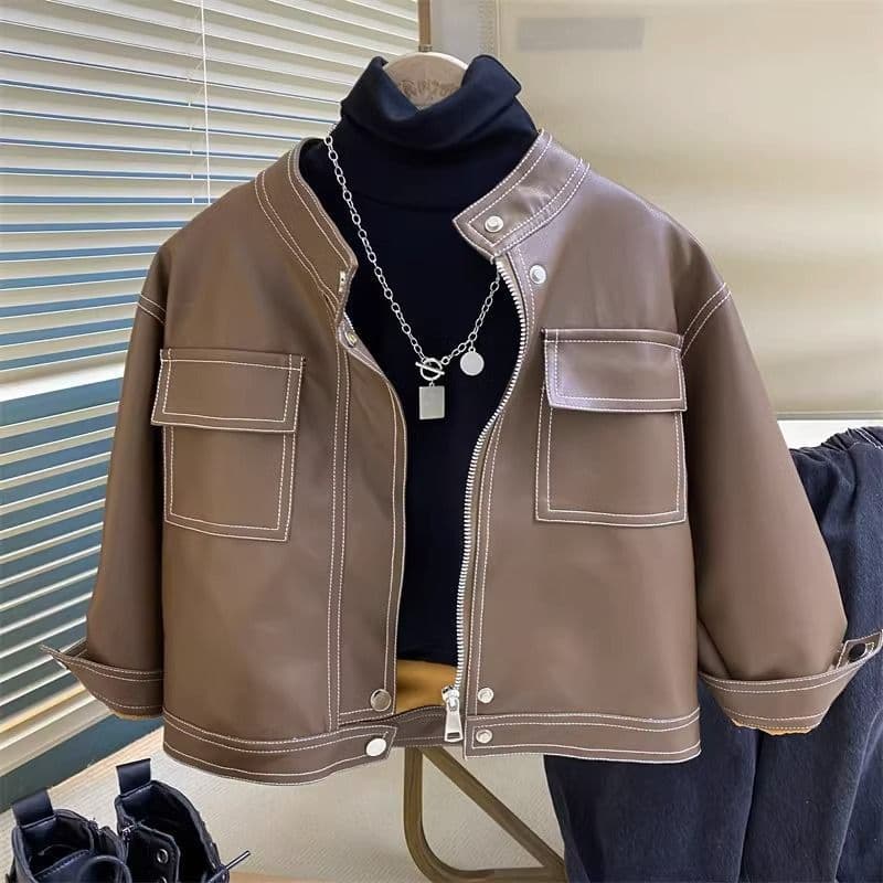 Fashionable Boys Spring Autumn Jacket Korean Style Kids Leather Jacket Quilted Coat Stylish Toddler Jacket Top Trendy Wear