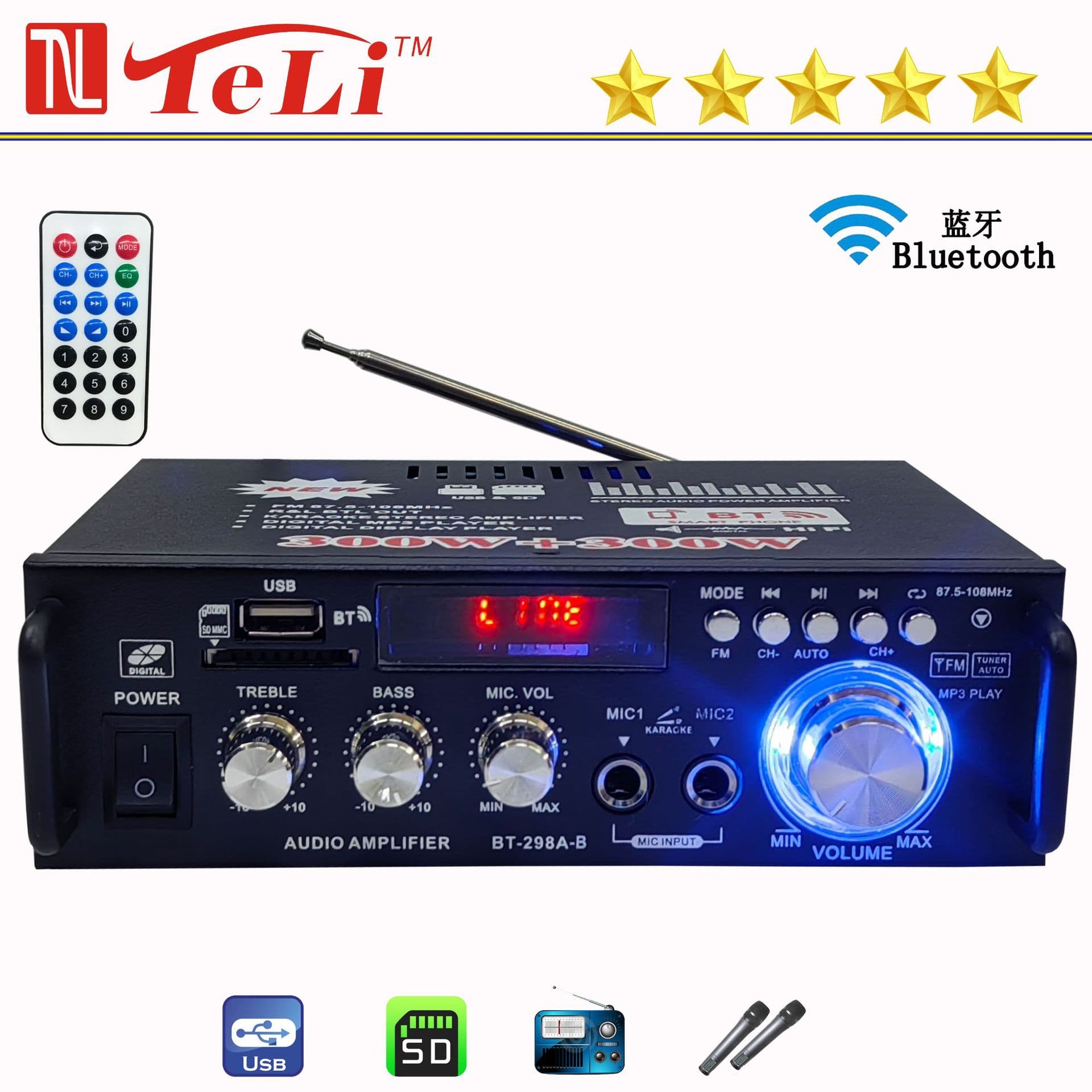 Cross-border Trade BT-298A-B Microphone Bluetooth USB FM Radio 12V/220V AC/DC for Car and Home Amplifier