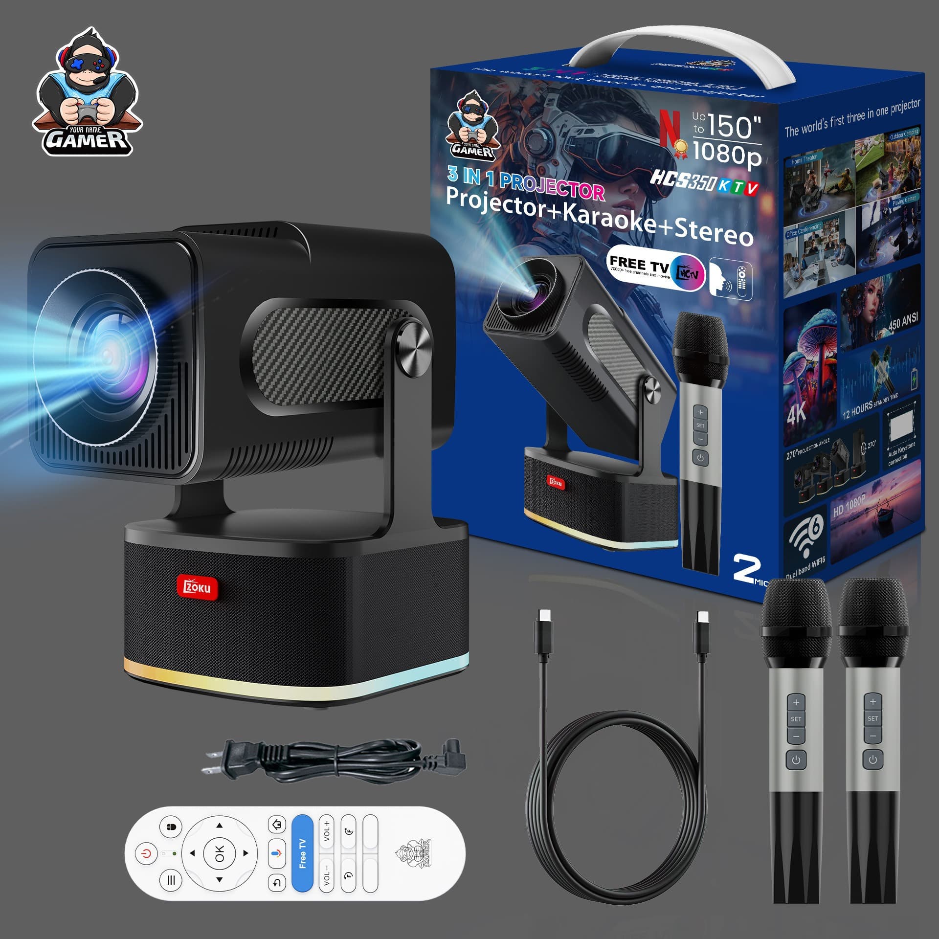 Cross-border hot model HCS350KTV projector 450ANSI projector 1080P+KTV+audio three-in-one