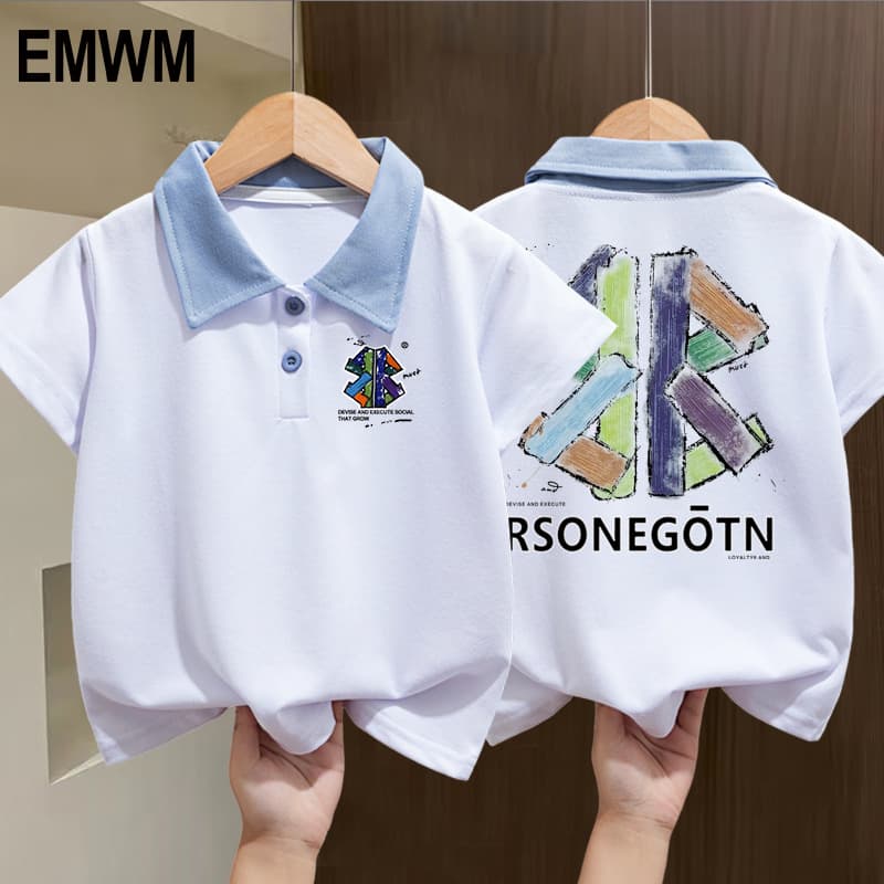 Children's Clothing Pure Cotton Short-Sleeved T-Shirt Polo Shirt for Boys and Girls Cartoon Print Baby Lapel Handsome Shirt Trendy