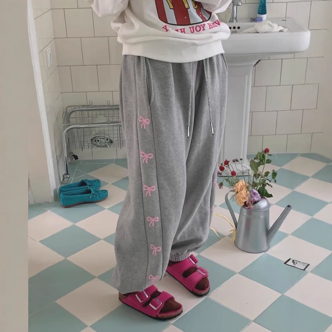 Y2K Korean style casual fashion elastic waist bow side printed pocket drawstring pants lace-up trousers for women