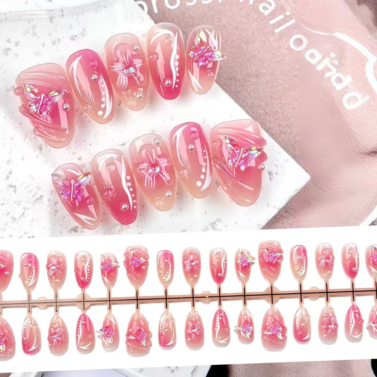 Ultra-Short Almond-Shaped Translucent 3D Blush Pink Bowknot Press-On Nails, Popular on Instagram, Cross-Border Sweet Girl Resin Nail Stickers