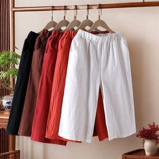 2026 Summer Plus Size Cotton Capri Pants Casual Women's Ethnic Style Loose Thin Straight Wide Leg Pants