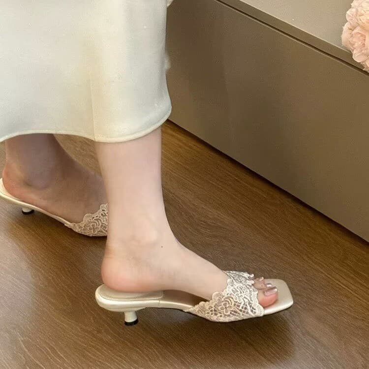 Trending Square Toe High Heel Shoes for Women 2026 Spring New Embroidered Thin Heel Flats Champagne Gold Embroidered High Heel Sandals Slippers