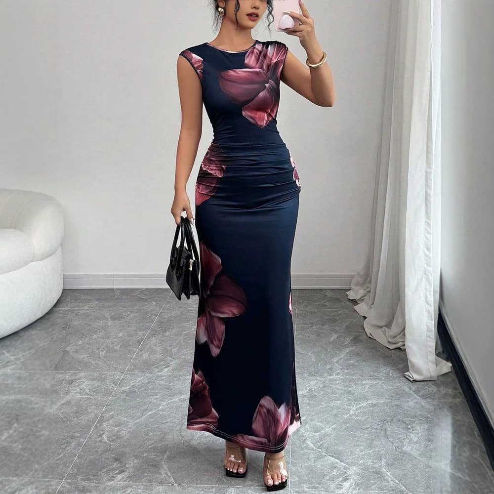 2025 Cross-Border Trade European and American Slim Printed Dress Sleeveless Sheath Dress Bodycon Long Dress Women's Light Luxury