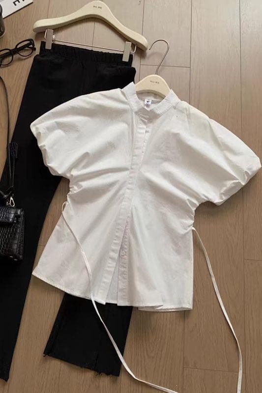 French stand-collar white short-sleeved shirt for women with lace-up waist and puff-sleeved shirt top French high-end feel