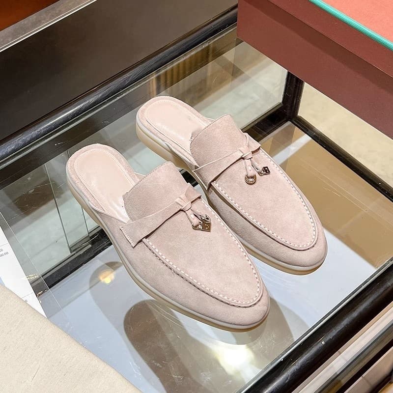 Lp Genuine Leather Loafers Women's Hollow Back Slippers Spring Beanie Shoes Outer Wear Slip-On Flats Retro Style Comfortable Shoes