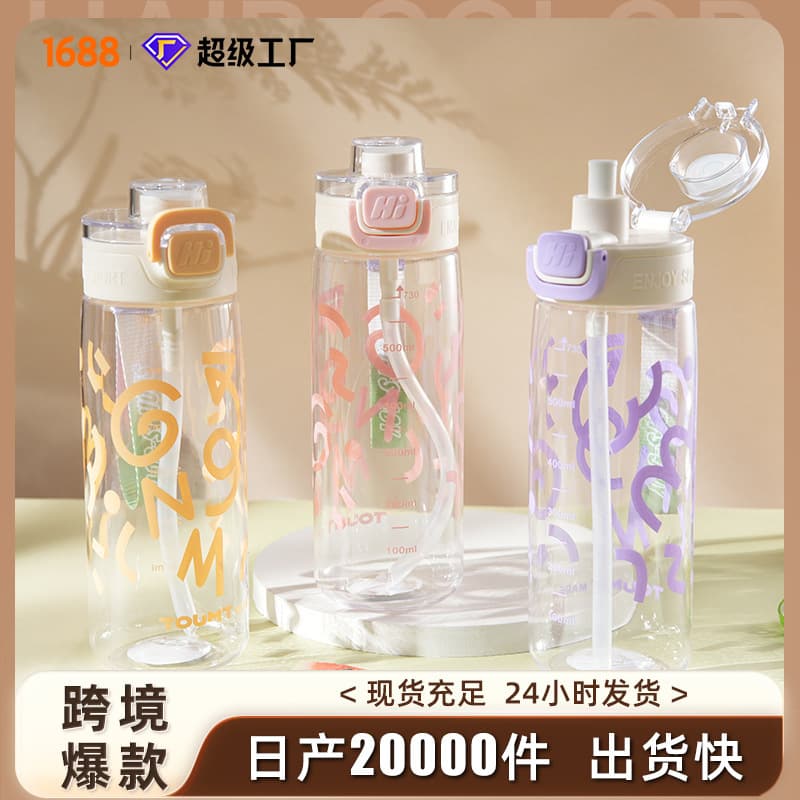 Sports Water Bottle for Summer, Outdoor Plastic Bottle, Portable High-Temperature Resistant Space Cup, Simple High-End Straw Cup