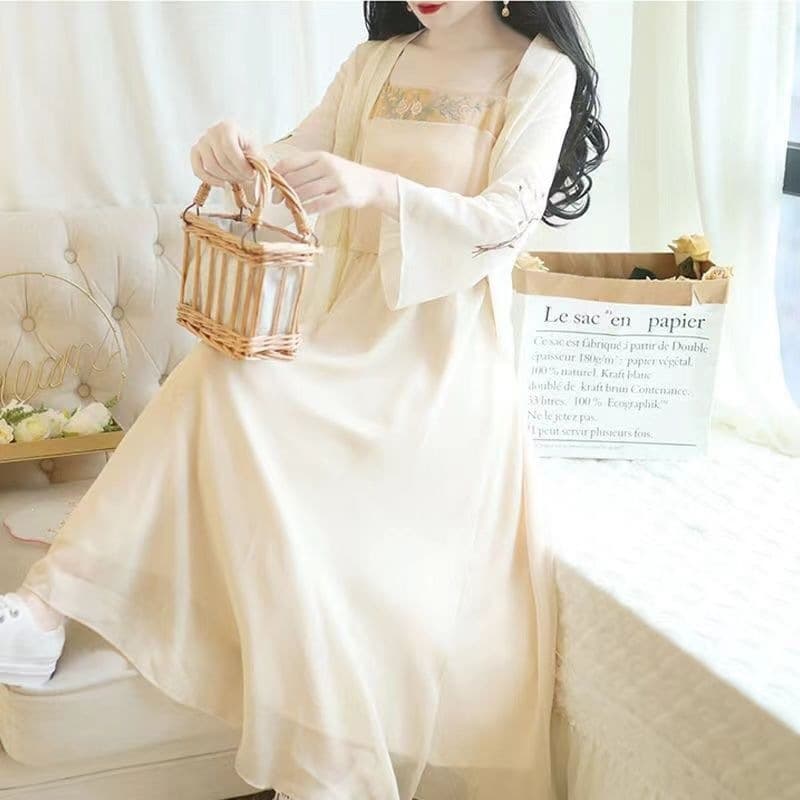 Hanfu women's dress 2026 summer antique style improved daily wear suspender skirt chiffon cardigan Han element two-piece set