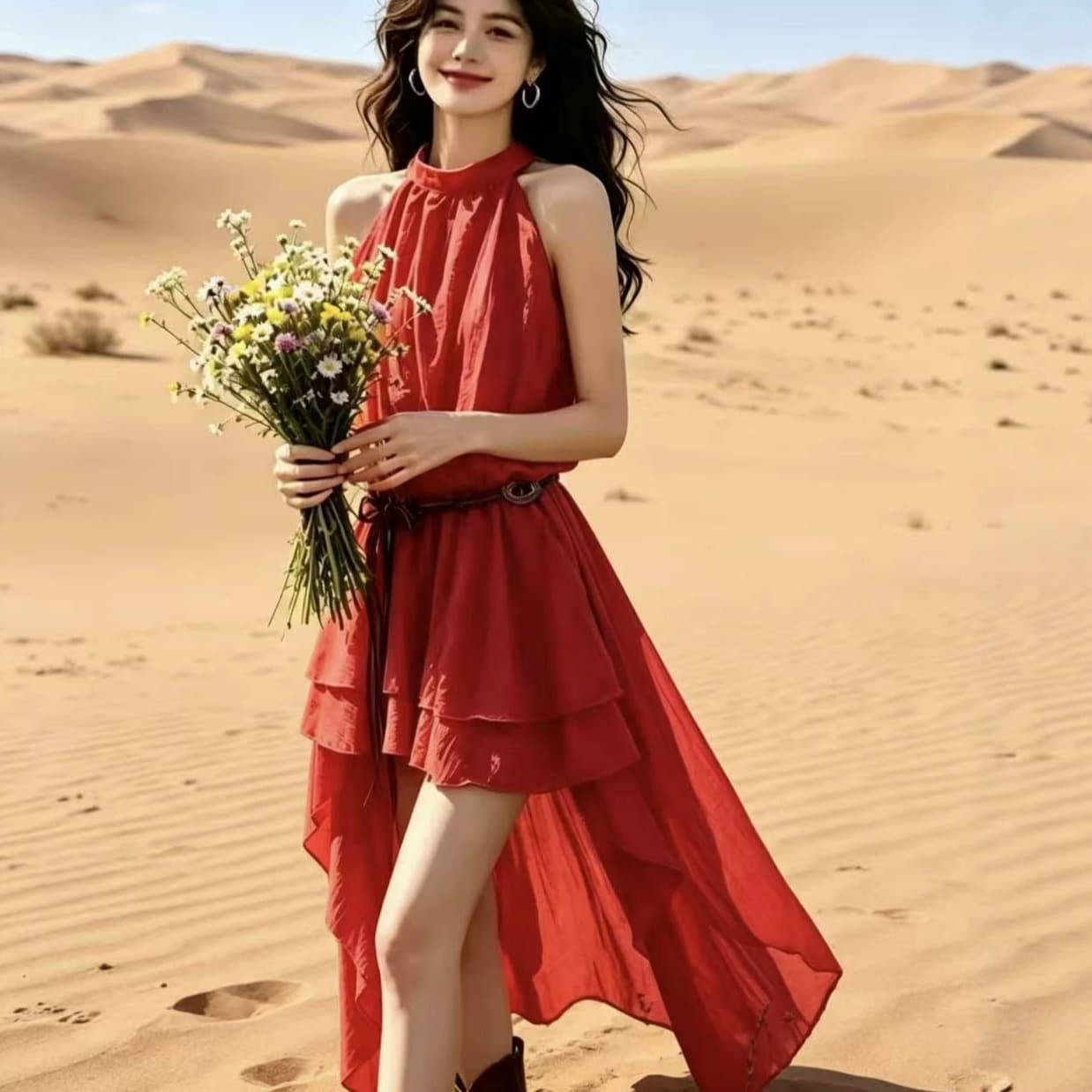 New Summer Sleeveless Halter Dress for Women, Vacation Style Asymmetrical Ruffle Waist Slimming Solid Color Beach Dress