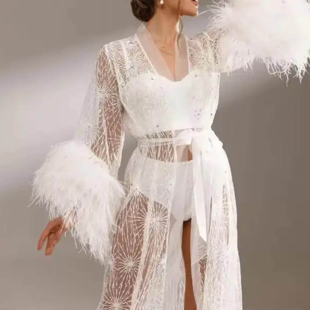 Wedding Dress Wedding Attire Morning Robe Outer Robe New Long Robe Fully Transparent Lace Puffy Sleeves